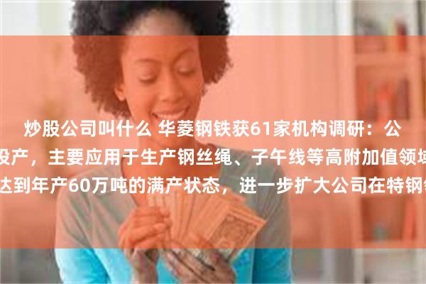 炒股公司叫什么 华菱钢铁获61家机构调研：公司高速线材项目于去年投产，主要应用于生产钢丝绳、子午线等高附加值领域，预计今年有望达到年产60万吨的满产状态，进一步扩大公司在特钢领域的产品竞争力和市场份额（附调研问答）